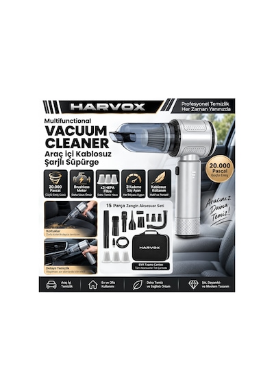 Harvox Hxvc-008 20.000 Pa Kablosuz Araç Süpürgesi 3 Kademeli Brushless Motor, Üfleme & Şişirme