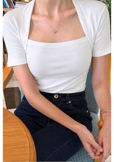 Kadın Haki Kuğu Yaka Slim Kısa Kollu Fit Crop Bluz Beyaz