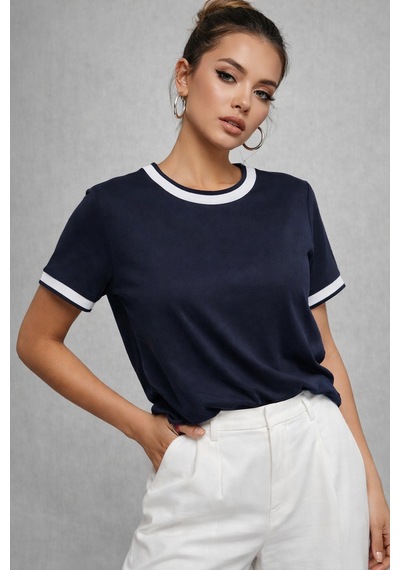 Kadın Lacivert Bisiklet Triko Yaka Kısa Kollu Basic T-shirt Lacivert