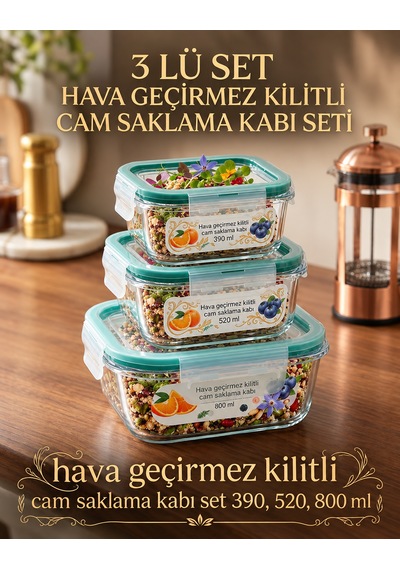 Çemi 3'lü Kilitli Kare Cam Saklama Kabı Seti Hava Geçirmez Saklama Kabı Diğer