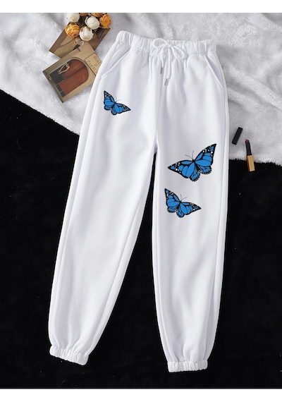 Butterfly Print Drawstring Waist 4 Mevsim Eşofman Beyaz