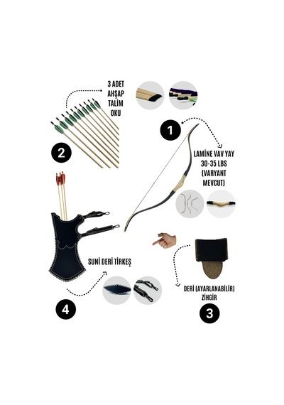 Geleneksel Okçuluk Lamine 'vav' Set- Vav Yay + 3 Ok + Zihgir + Tirkeş