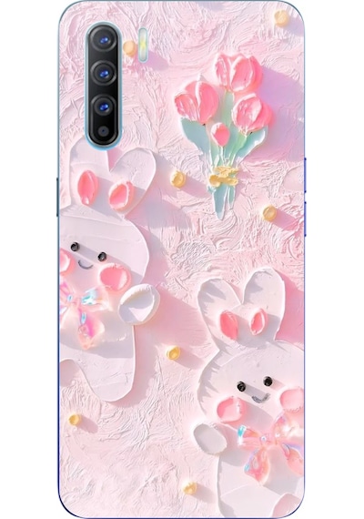 Oppo Reno 3 - A91 Uyumlu Sevimli Tavşanlar Baskılı Silikon Kılıf Renkli