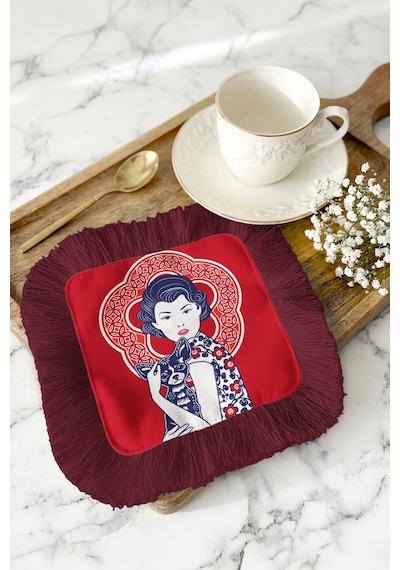 Vintage Kadın Portreli Saçaklı Sunum Peçetesi - Modern Retro Bordo Kırmızı Kahve Yanı Sunum Mendili Gün Batımı Kireçtaşı