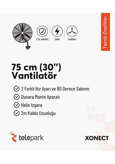 Xonect Profesyonel Sanayi Tipi Vantilatör 75 Cm 30 İnç Yüksek Performanslı Soğutma Xdf30