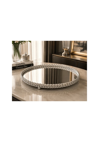 Sleep Nova 651612412 Gümüş Metal Çerçeveli Aynalı Dekoratif Tepsi 35 X 13 Cm