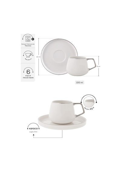 Karaca  Streamline Saturn 6 Kişilik Kahve Fincanı Takımı 100 ml Platin