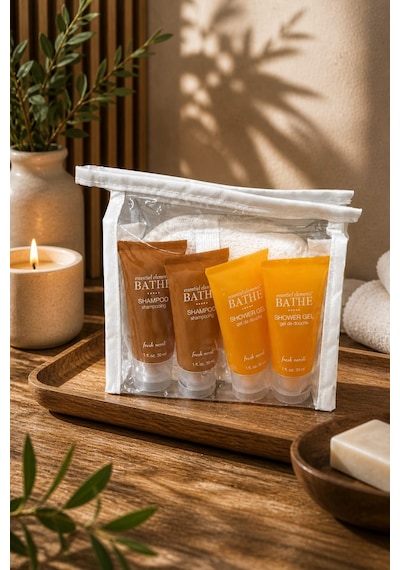 Şeffaf Çantalı 7 Li Banyo & Seyahat Seti Oval Kabak Lif + 2 Sabun 42 Gr + 2 Şampuan 30 Ml + 2 Duş Jeli 30 Ml Fresh