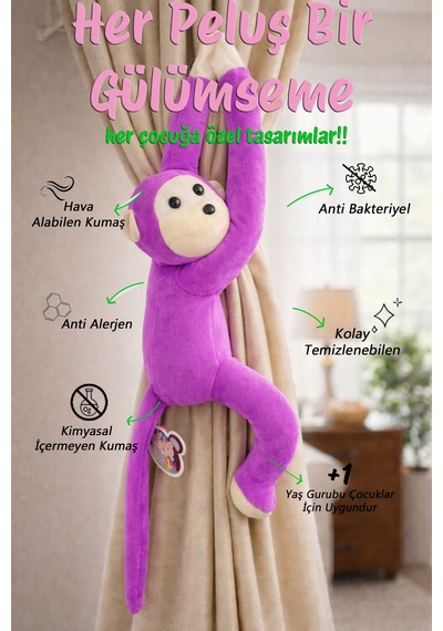 Maymun Yapışkanlı Vikvik Sesli 60cm - Maymun Peluş Oyuncak Açık Mor
