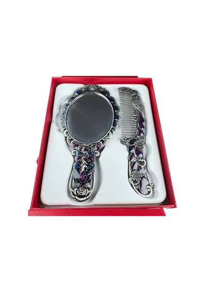 Tavus Kuşu Desenli Vintage Ayna Tarak Seti Özel Tasarım Ve Özel Kutulu 13,5 Cm & 13 Cm Gümüş