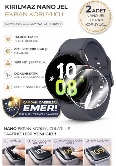 Samsung Galaxy Watch 5 40mm Uyumlu Nano Jel Ekran Koruyucu 2 Adet Darbe Emici Tam Kaplayan