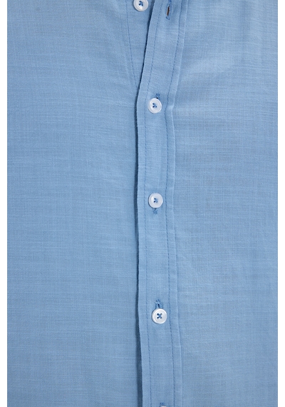 Tudors Erkek Slim Fit Dar Kesim %100 Pamuk Düğmeli Yaka Flam Keten Mavi Gömlek-50273