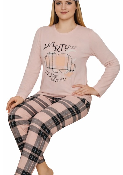 Abarta Kadın Pamuklu Desenli Uzun Kol Pijama Takımı Göz Bandı Hediyeli Somon