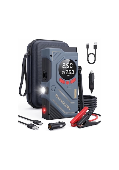 Mayaglory Şarjlı 4'ü 1 Arada Akü Takviye Cihazı Jump Starter Ve Taşınabilir Hava Kompresörü - Type-c Powerbank, Sos Led Fener Ve Taşıma Çantalı