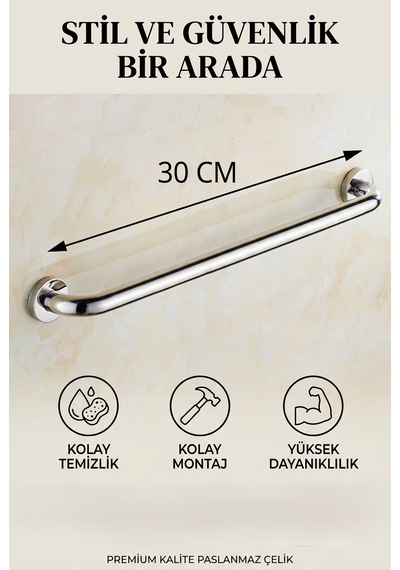30 Cm Yaşlı Engelli Tutunma Barı Banyo Wc Destek Kolu Açık Gri