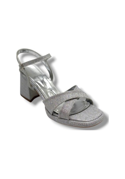 Erbay 405-26 Simli Çupra Kumaş Çapraz Bant Kalın Topuk Kadın Sandalet 7cm Gümüş