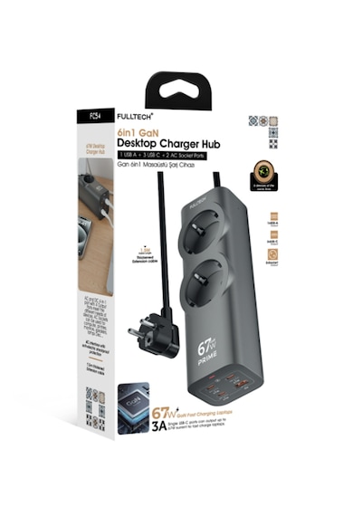 Masaüstü Şarj Cihazı 6 İn 1 Fc54 67w Gan 3x Usb-c + Usb-a + 2 Prizli Power Strip Laptop Hızlı Şarj Hub 1.5m Kablo