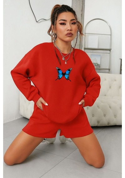 Benroma 3 İplik Penye Kelebek Baskılı Unisex Sweatshırt Çok Renkli