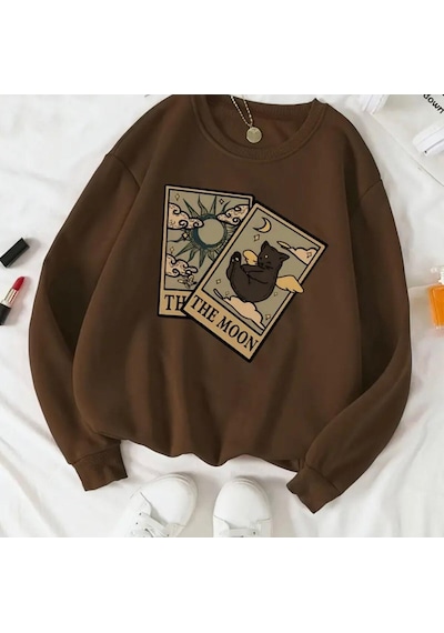 Hırsch Unisex The Moon Baskılı Kahverengi Bisiklet Yaka Sweatshirt Kahverengi