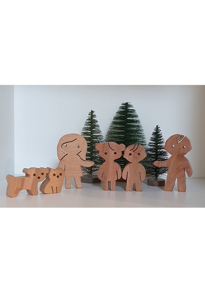 Aile Takımı 6'lı Set Anne-baba-2çocuk-kedi-köpek Waldorf Doğal...