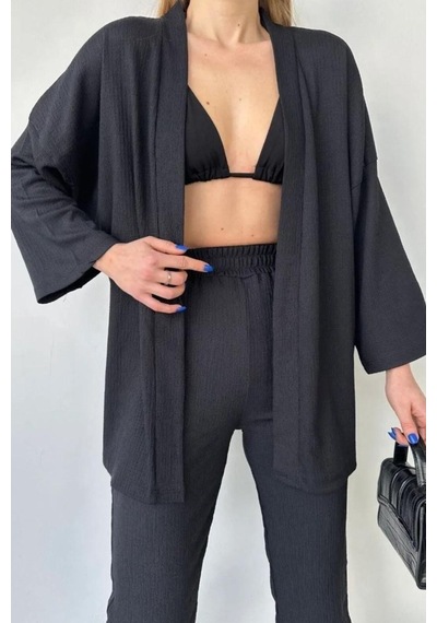 Ded Collectıon Kadın Bürümcük Kumaş İkili Yazlık Kimono Takım Siyah
