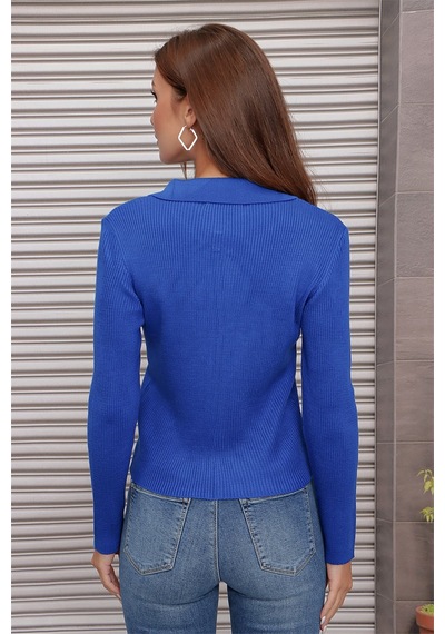 Aqe Fashion Çift Açılır Fermuarlı Polo Yaka Hırka Saks Mavisi