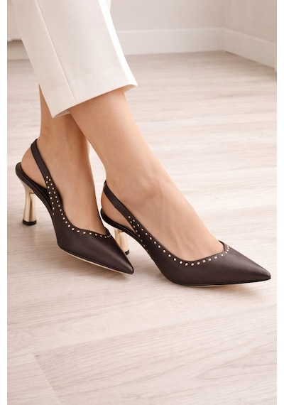 Modaonn Kadın Sivri Burun Zımbalı Slingback İnce Topuk Ayakkabı Kahverengi