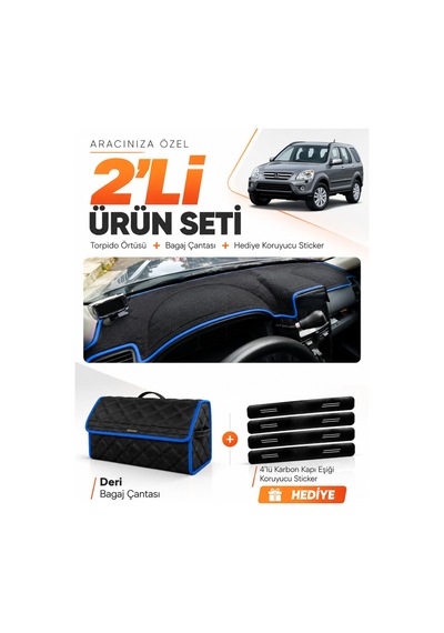 Honda Cr-v 2000-2006 Uyumlu Torpido Örtüsü + Deri Bagaj Çantası + Sticker Seti - Siyah Mavi