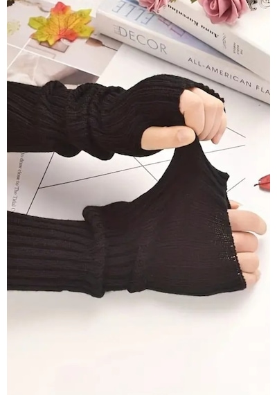 Moibody %100 Akrilik Premium Triko Örgü Hand Warmer El Isıtıcı Kolluk Eldiven Siyah Siyah