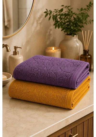 2'li Jakarlı Büyük Boy Banyo Havlusu 90x150 Cm %100 Pamuk Lorea 650 Gr Hardal-mor