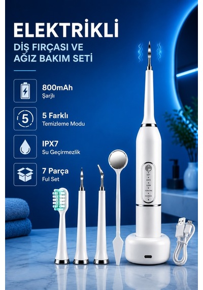 Polham 7 Parça Elektrikli Diş Fırçası Ve Ağız Bakım Seti 5 Modlu, 800mah Şarjlı, Ipx7 Su Geçirmez