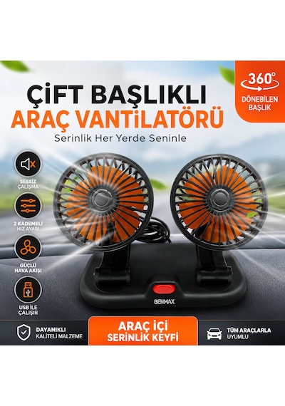 Çift Başlıklı Araç Vantilatörü Usb 12v 360 Dönebilen Sessiz Araç İçi Fan 2 Kademeli Hız Ayarlı Oto Soğutucu