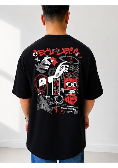 525 Oversize Sırt Baskılı Streetwear Unisex T-shirt Reckless Siyah