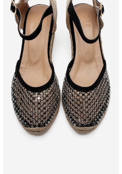 Luvi Shoes Drelıx Siyah Süet Hakiki Deri Taş Detaylı Fileli Kadın Dolgu Topuklu Sandalet