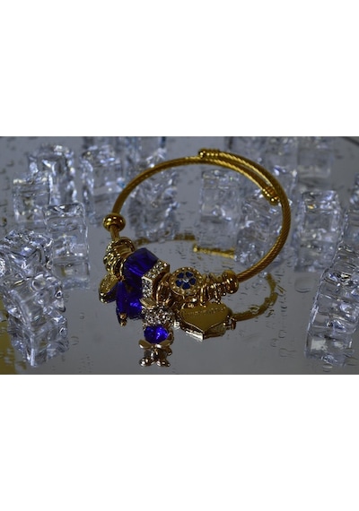 Uzel Çelik Bileklik Sarı Gold Model Kalpli Tavşan Charmlı Mavi