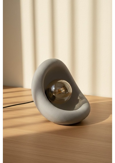 Modern Beton Dokulu Abajur Organik Oval Gece Lambası Masaüstü Komodin Lambası 25 Cm Gri