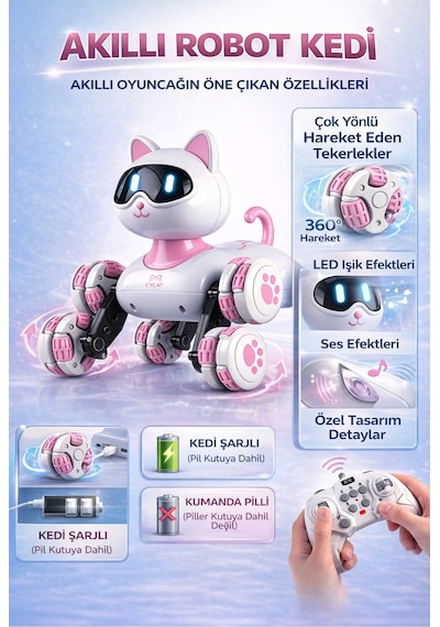 Uzaktan Kumandalı Led Işıklı Ses Efektli 360 Hareket Eden Oyuncak Akıllı Robot Kedi 23 Cm