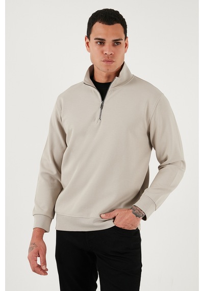 Buratti Pamuklu Regular Fit Yarım Fermuarlı Dik Yaka Erkek Sweat 5905470 Taş