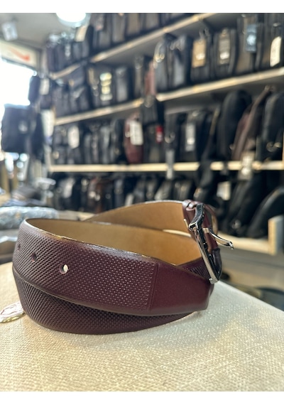 Trg Polo Bordo Nokta Desen Hakiki Deri Erkek Kemeri