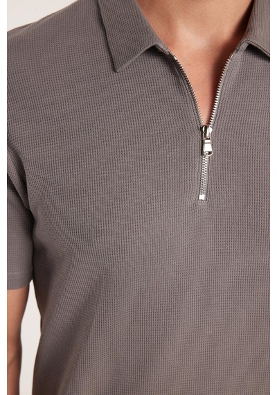 Tudors Erkek Slim Fit Dar Kesim %100 Pamuk Fermuarlı Gri Polo Yaka Tişört-33940 Gri