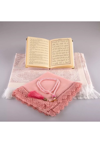 Şal + Seccade + Tesbih + Yasin Hediye Seti Çanta Boy, Şems Lafzatullah, Raşel Cilt, Bebe Pembe