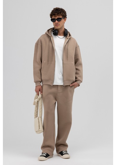 Vamos Basic Fermuarlı Oversize Kapüşonlu Sweatshirt Vizon