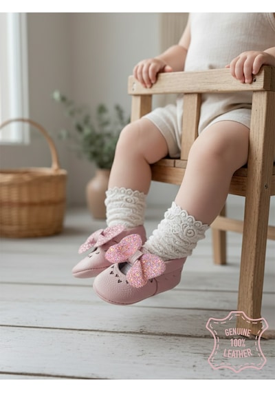 Denokids Kız Bebek Patik Hakiki Deri Taşlı Pembe Yumuşak Taban Ayakkabı 17-21 Numara Renkli