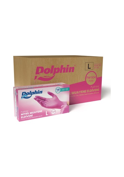Dolphin Tek Kullanımlık Pembe Nitril Eldiven - Muayne Eldiveni Large Büyük Boy - 100'lü 20 Paket