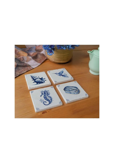 Arslart Deniz Canlıları Temalı Taş Bardak Altlığı - 4'lü Set Diğer