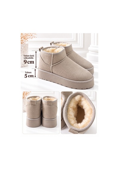 Dabab Shoes Kardelen Kadın Vizon Lüks Süet İçi Kürklü Sıcak Astarlı 5 Cm Kalın Tabanlı Kısa Bot Kar Botu