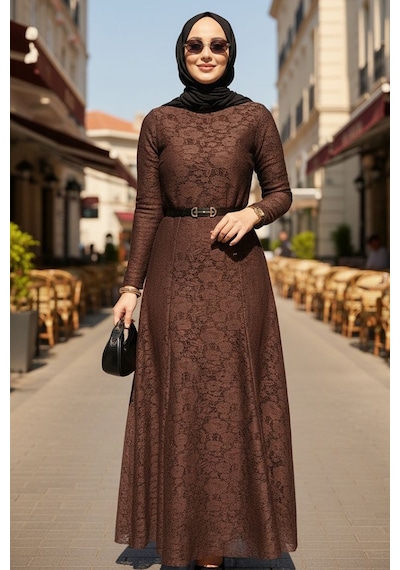 Bestenur Dantel İçi Astarlı Kemerli Elbise 1685 - Kahve Kahve