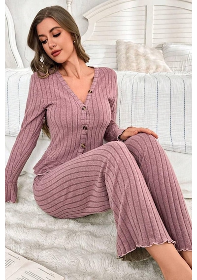 Bella Notte V Yaka Gül Kurusu İspanyol Kol Pamuklu Pijama Takımı Pembe