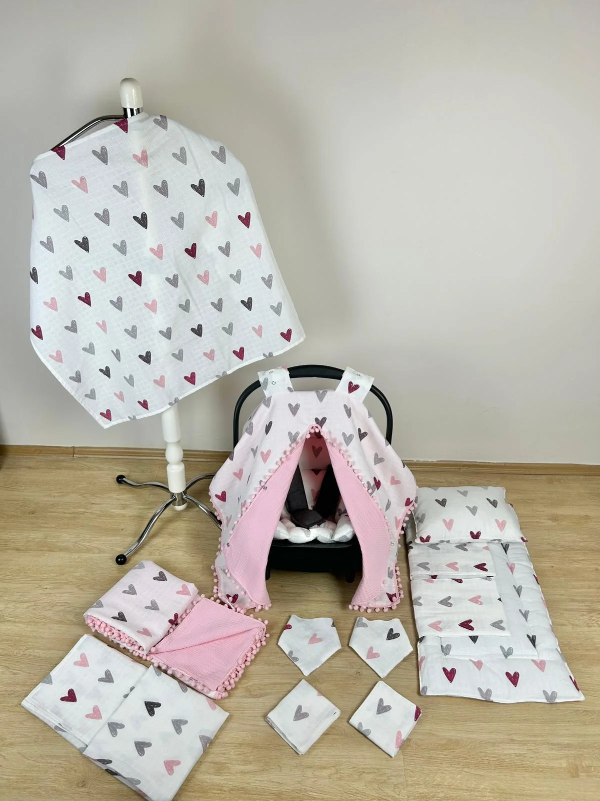 % Pamuk 11 Parça Çift Taraflı Muslin Set Bordo Kalp