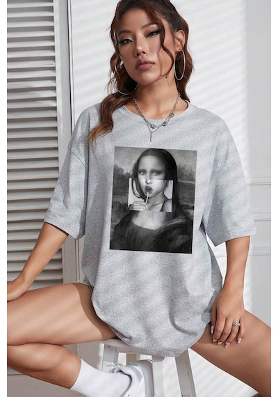 Unisex Mona Lisa Baskılı Tasarım Tshirt Gri